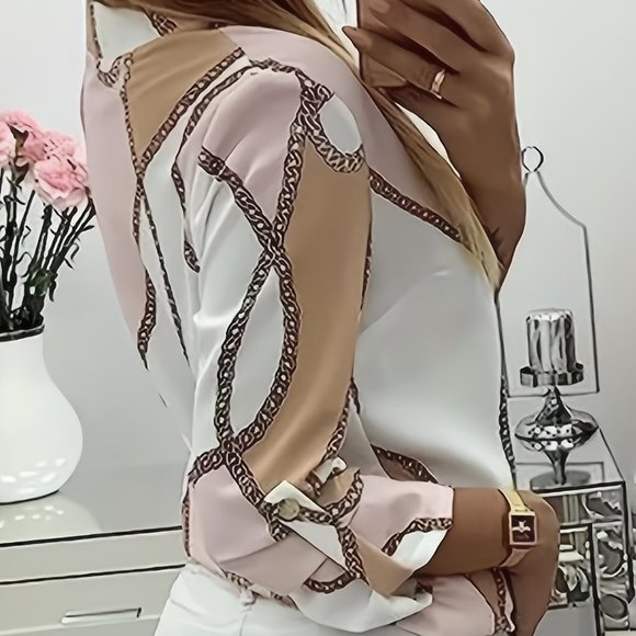 Plus Size Pink Colorblock Chain Print Button Up Roll Up Sleeve - Picture 5 of 11